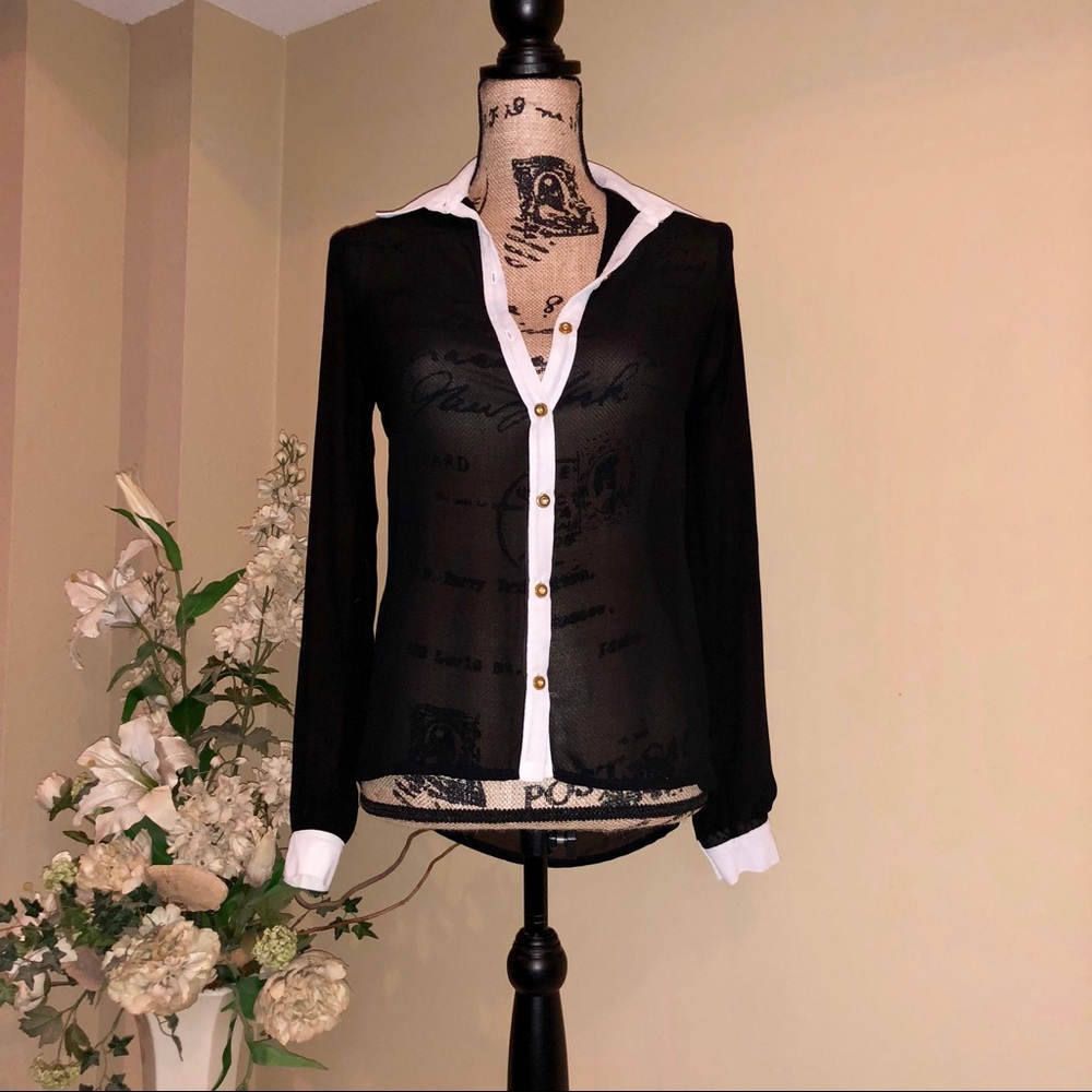~HS~ Black button up blouse white accents. Size XS - Picture 1 of 6